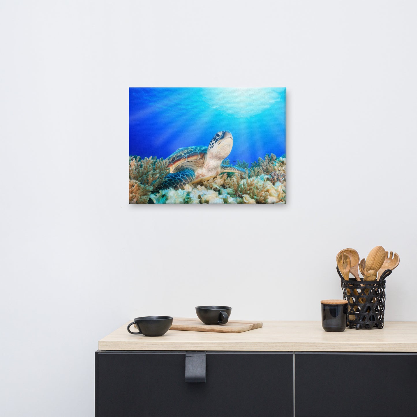 Green Sea Turtle In Tropical Coral Reef Animal Wildlife Photo Canvas Wall Art Print