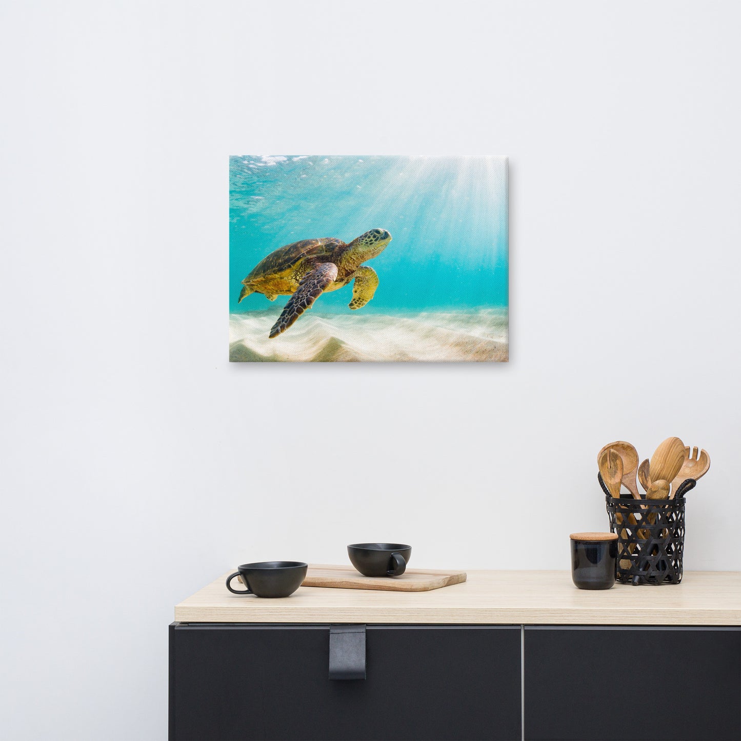 Hawaiian Green Sea Turtle In Turquoise Blue Sea and Sandbars Animal Wildlife Photograph Canvas Wall Art Print
