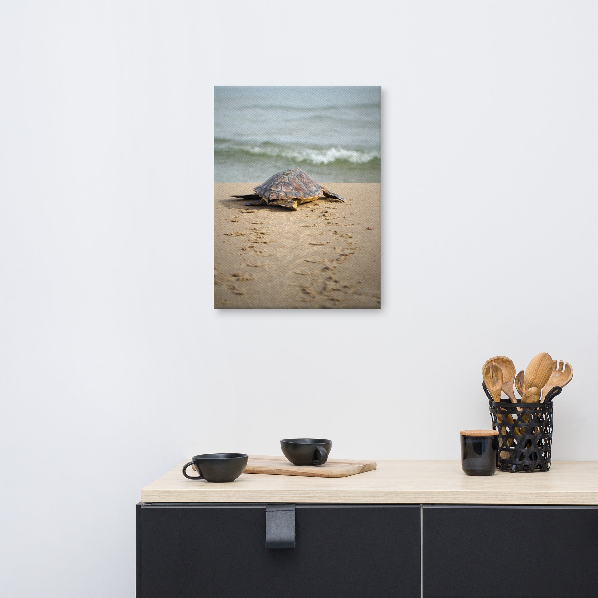 Beach Kitchen Wall Decor: Baby Loggerhead Sea Turtle Hatchling at the Shore - Coastal / Wildlife / Marine Animal / Nature Photograph Canvas Wall Art Print - Artwork