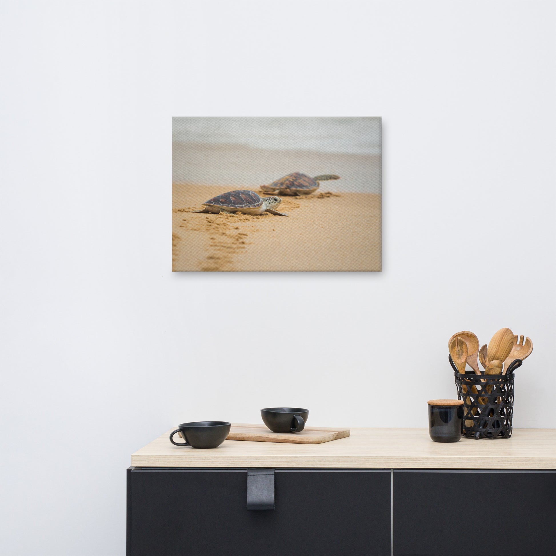 Modern Dining Room Artwork: Hawksbill Sea Turtle Hatchlings at the Shore - Coastal / Wildlife / Marine Animal / Nature Photograph Canvas Wall Art Print - Artwork
