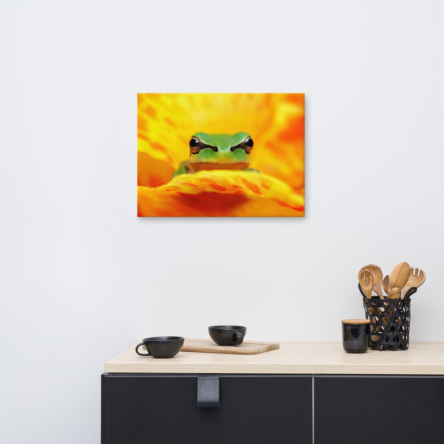 Hyla Green Frog on Yellow and Orange Flower Petals Wildlife Nature Photo Canvas Wall Art Print