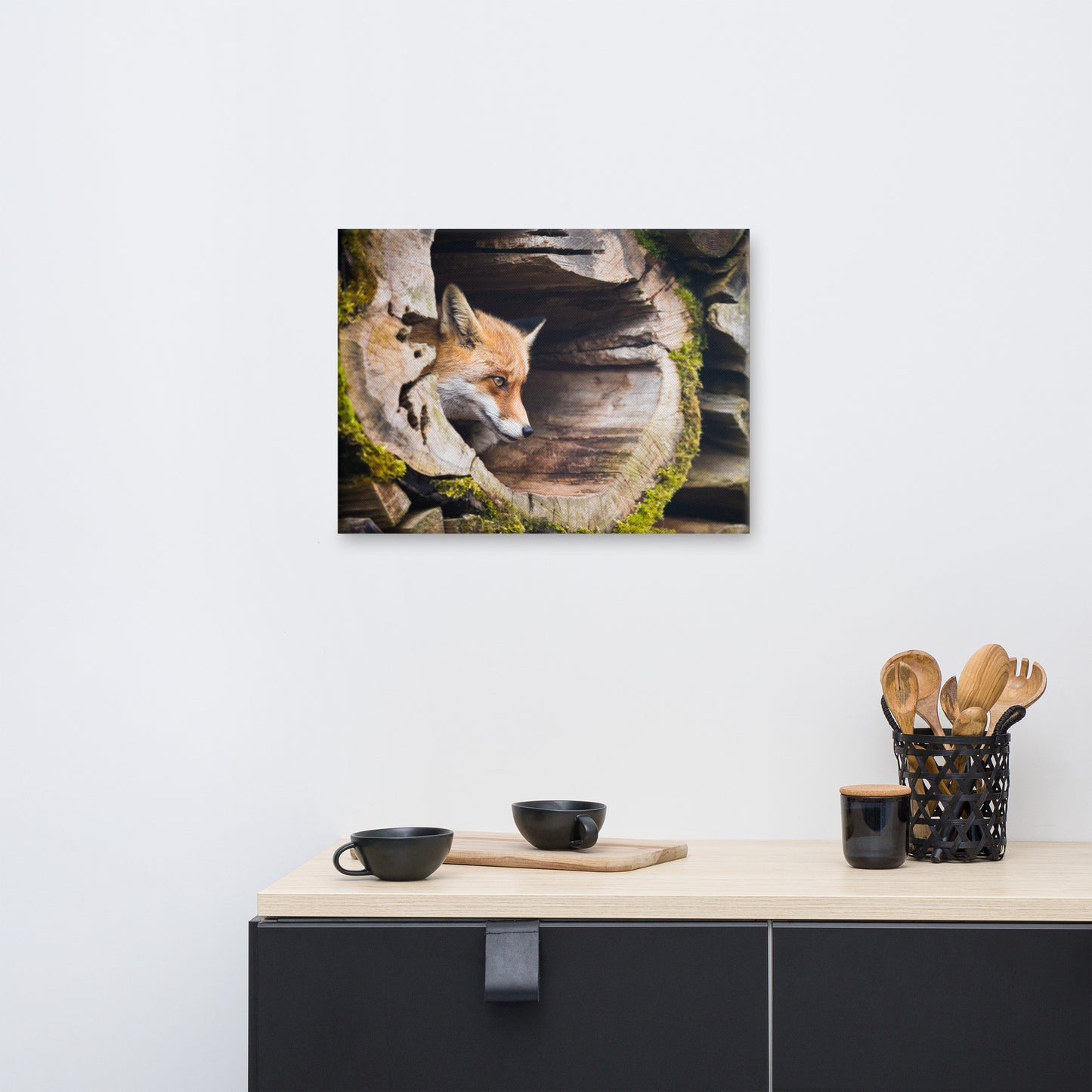 Young Red Fox Face In Mossy Stump Animal Wildlife Nature Photograph Canvas Wall Art Prints