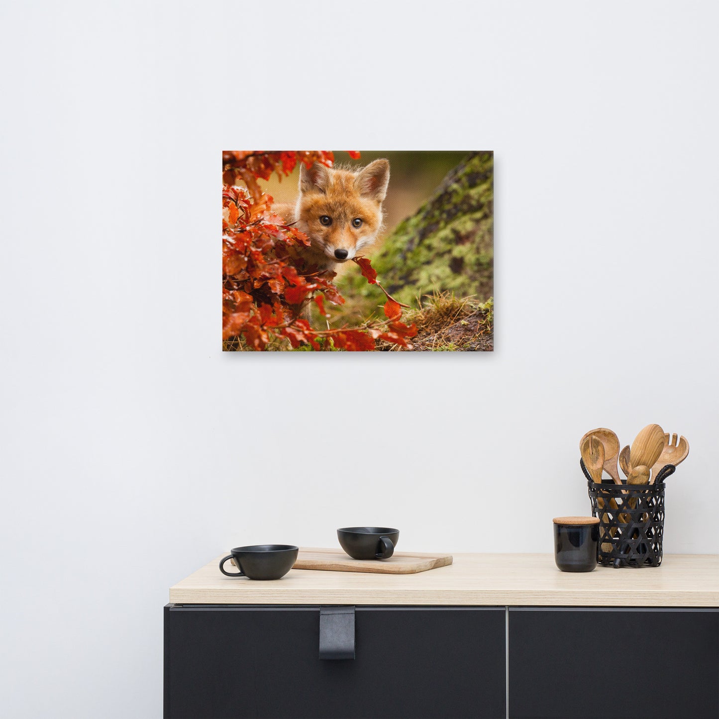 Canvas Nursery Decor: Peek-A-Boo Baby Fox Pup And Fall Leaves - Animal / Wildlife / Nature Photograph Canvas Artwork - Wall Decor