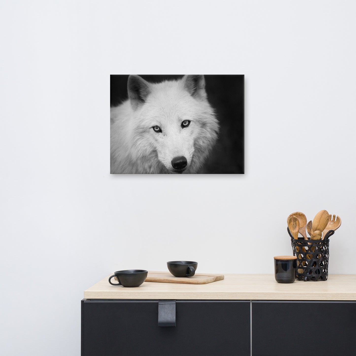 Black and White Portrait of White Wolf In The Forest Animal Wildlife Photograph Canvas Wall Art Prints