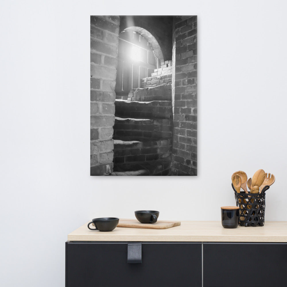 Black Urban Wall Art: Fort Clinch Stairway Black and White Photo Canvas Wall Art Print
