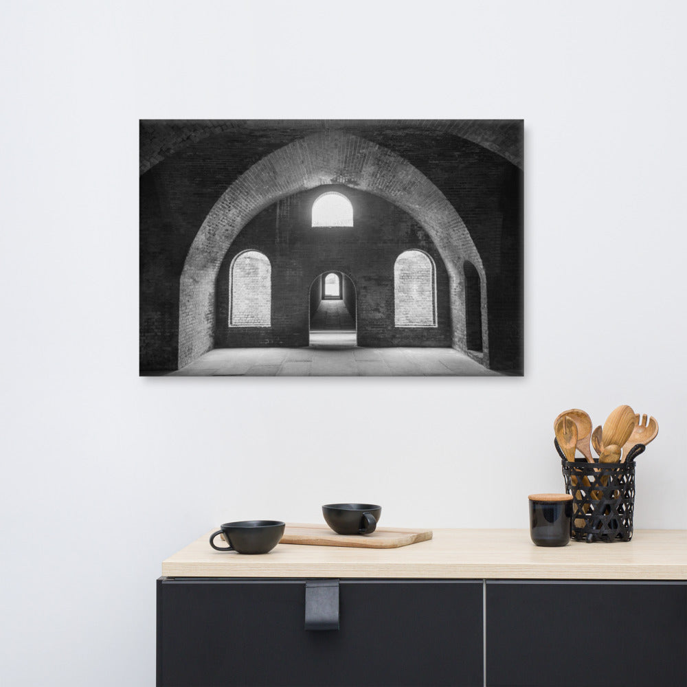 Oversized Industrial Wall Art: Fort Clinch Bunker Room Black and White 2 Architecture Photo Canvas Wall Art Print