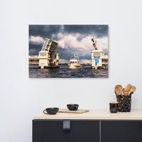 Ocean Beach Wall Decor: Stormy Drawbridge and Boat Racing Towards the Sun Coastal Landscape Photograph Canvas Wall Art Print