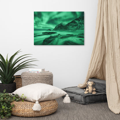 Green Northern Lights and Mountain Coast Lofoten islands, Norway Landscape Photo Canvas Wall Art Prints