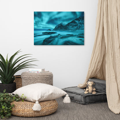 Blue Northern Lights and Mountain Coast Lofoten islands, Norway Landscape Photo Canvas Wall Art Prints