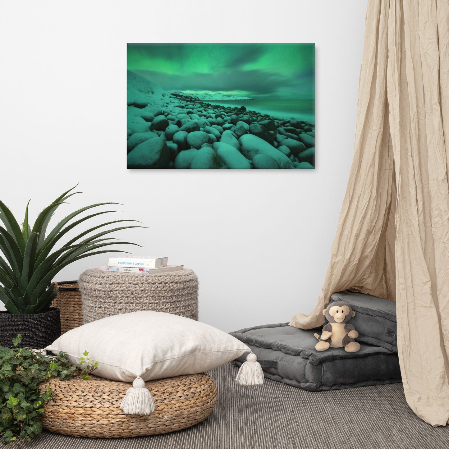 Utility Room Prints: Aurora Borealis Over Ocean in Teriberka Night Seascape Landscape Photo Canvas Wall Art Prints