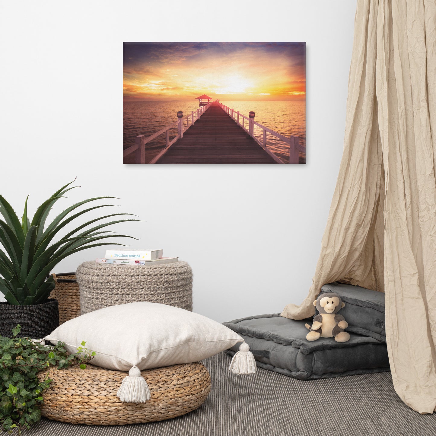 Surreal Wooden Pier at Sunset with Shadow and Summer Heat Effect Landscape Photo Canvas Wall Art Prints