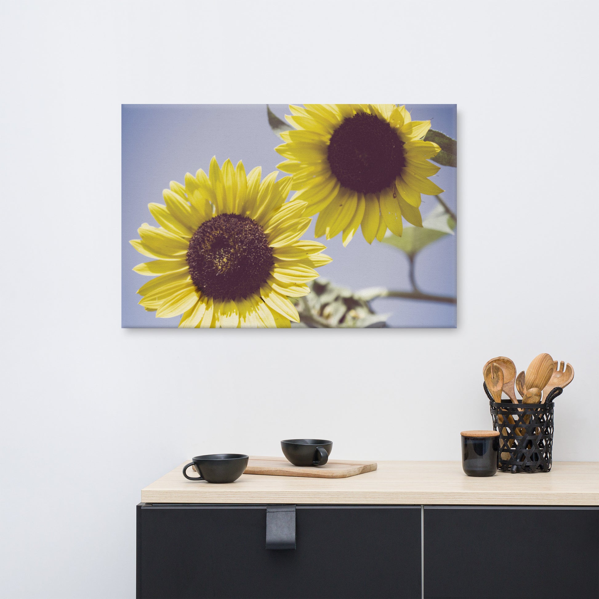 Canvas Art With Flowers: Aged Sunflowers Against Sky - Rustic / Minimal Botanical / Floral / Flora / Flowers Nature Photograph Canvas Wall Art Print - Artwork