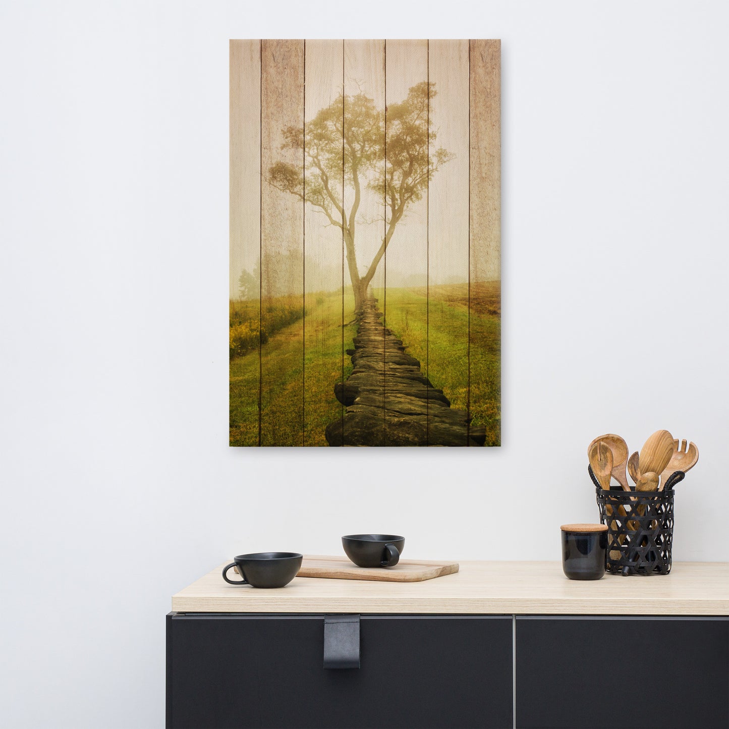 Faux Wood Calming Morning Rural Landscape Canvas Wall Art Prints