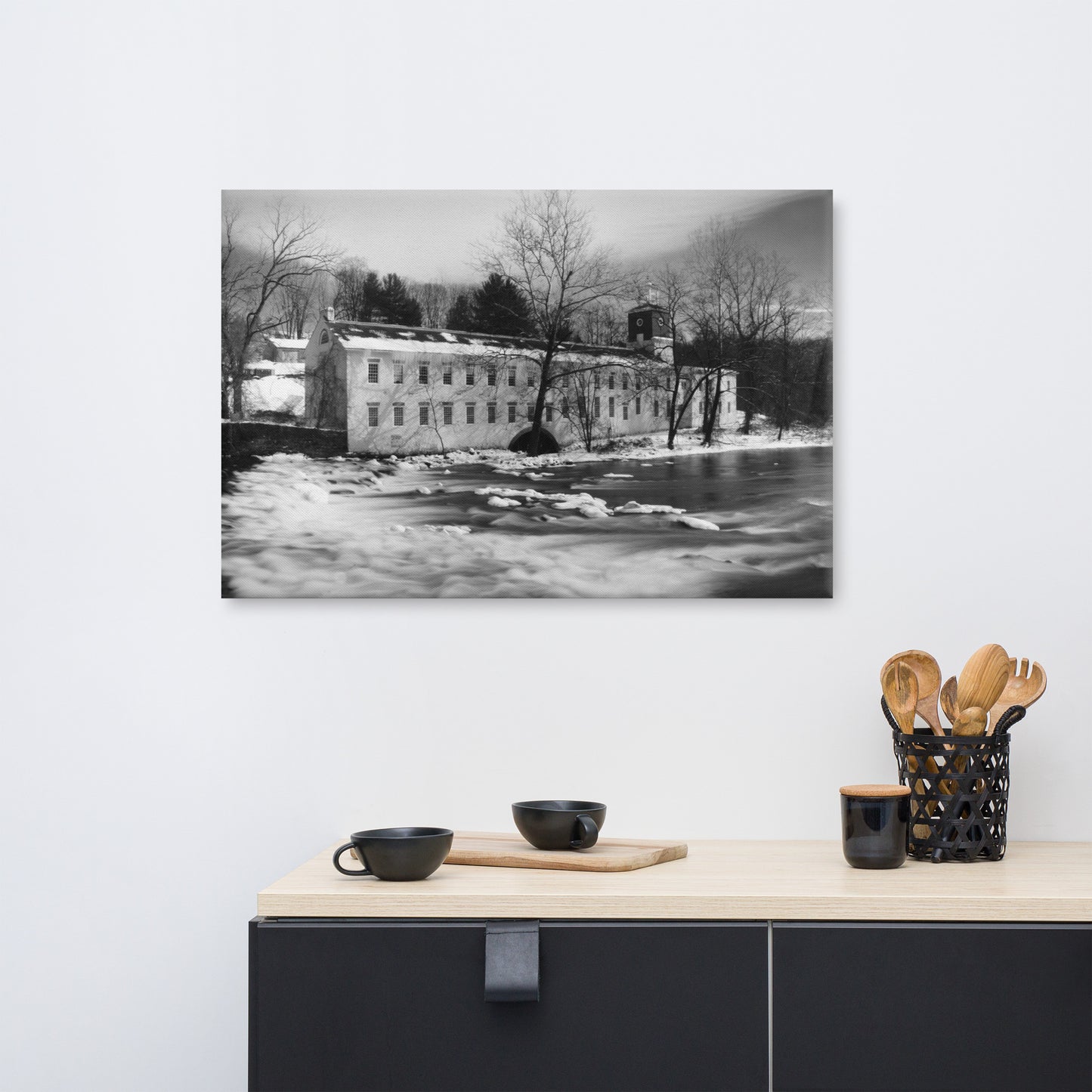 Winter at Powder Mill Black and White Rural Landscape Canvas Wall Art Prints
