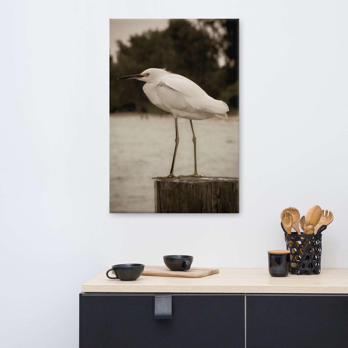 Wall Art Dining Room Ideas: Sepia Coastal - Bird - Snowy Egret on Pillar / Animal / Wildlife Nature Canvas Photographic Wall Art Print - Artwork