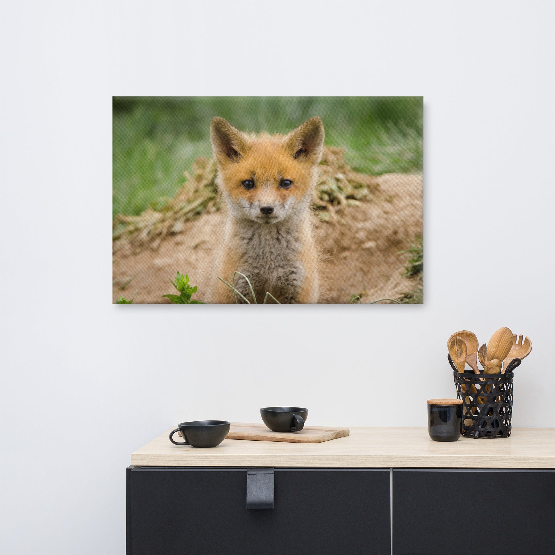 Modern Dining Wall Decor: Young Red Fox Kit Popping Out of Den- Wildlife / Animal / Nature Photograph Canvas Wall Art Print - Artwork