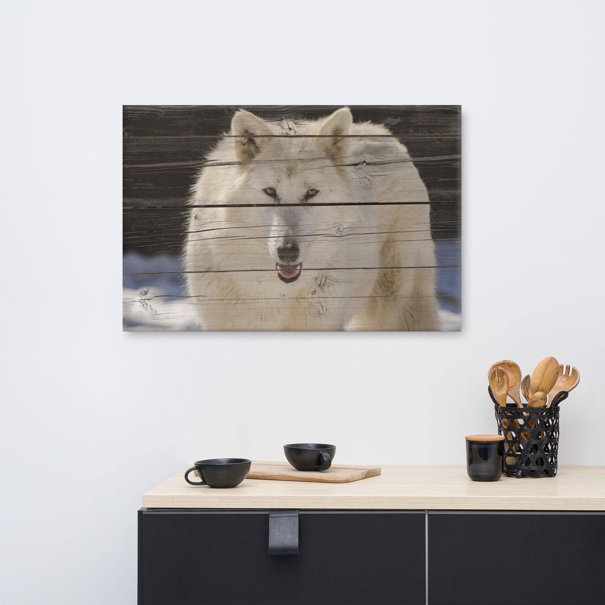 Minimalist Kitchen Wall Art: White Wolf Portrait on Faux Weathered Wood Texture - Wildlife / Animal / Nature Photograph Canvas Wall Art Print - Artwork
