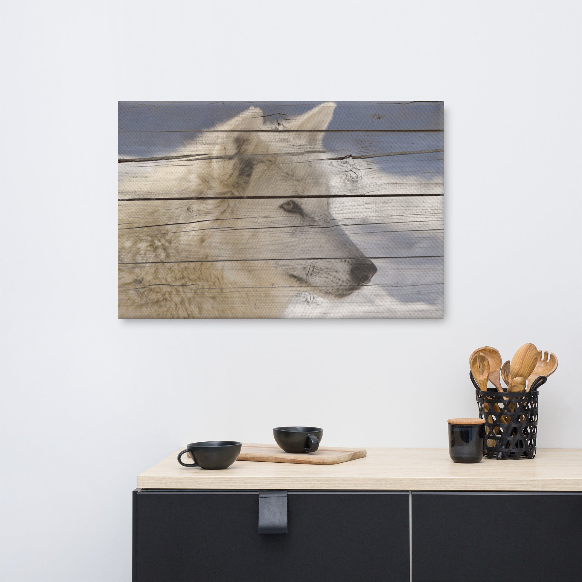 Farmhouse Wall Canvas: Aries the White Wolf Portrait on Faux Weathered Wood Texture - Wildlife / Animal / Nature Photograph Canvas Wall Art Print - Artwork