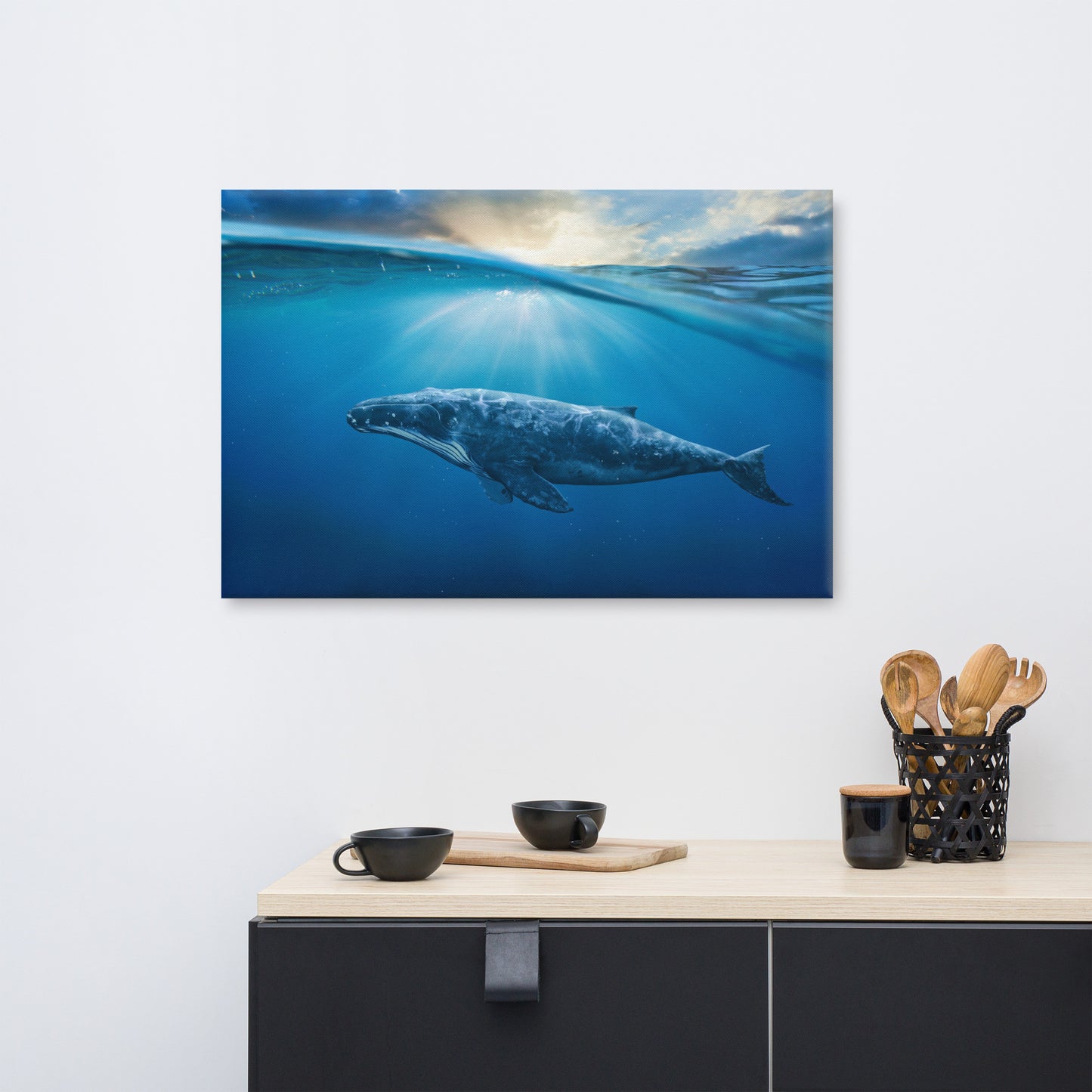 Dreamy Blue Whale Ocean Sunset Glory Rays Animal Wildlife Photograph Canvas Wall Art Print