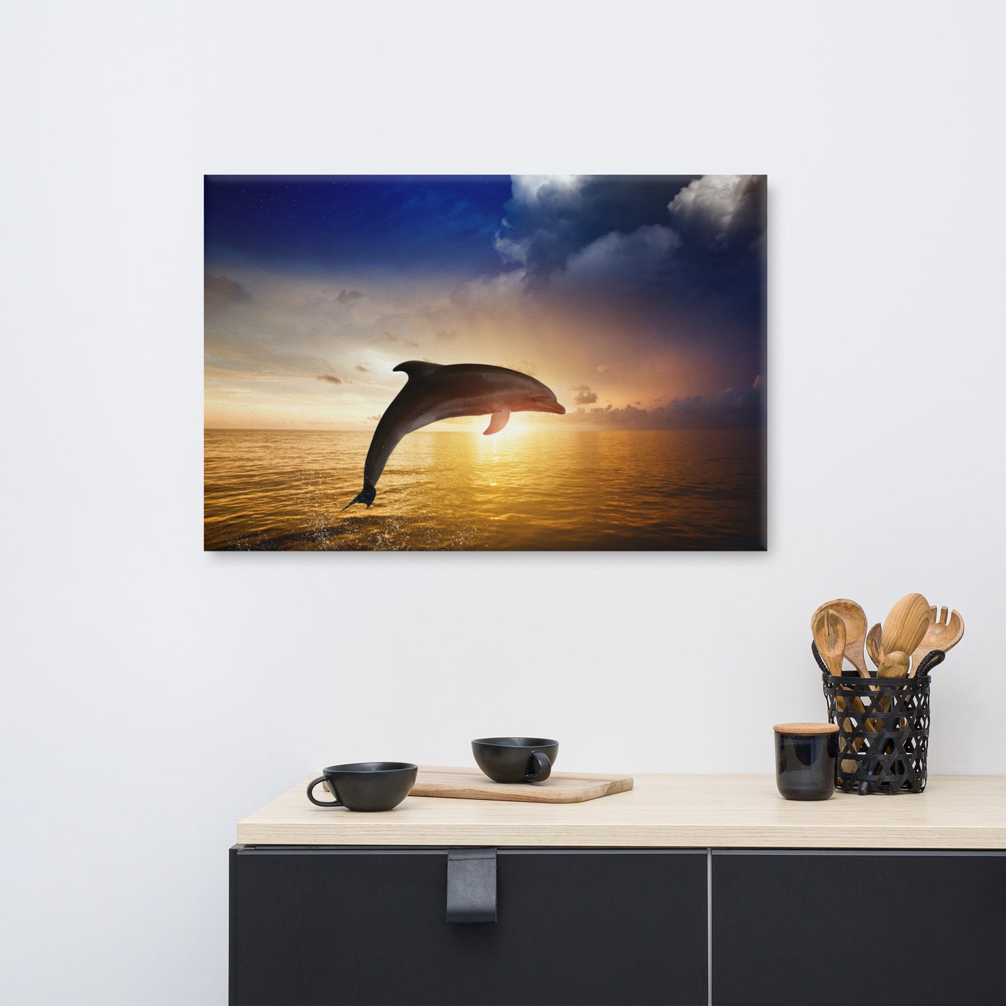 Dramatic Coastal Sunset On The Water With Jumping Bottle Noise Dolphin Animal Wildlife Photograph Canvas Wall Art Print