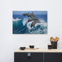 Four Bottle Noise Dolphins Jumping Waves In Tropical Blue Ocean Animal Wildlife Photograph Canvas Wall Art Print