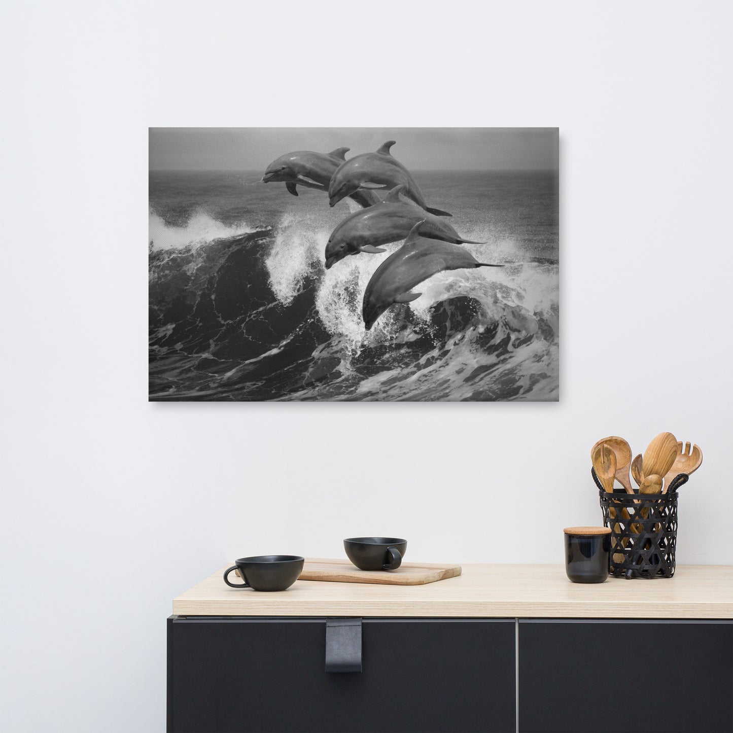 Four Bottle Noise Dolphins Jumping Waves In Tropical Ocean Black and White Animal Wildlife Photograph Canvas Wall Art Print