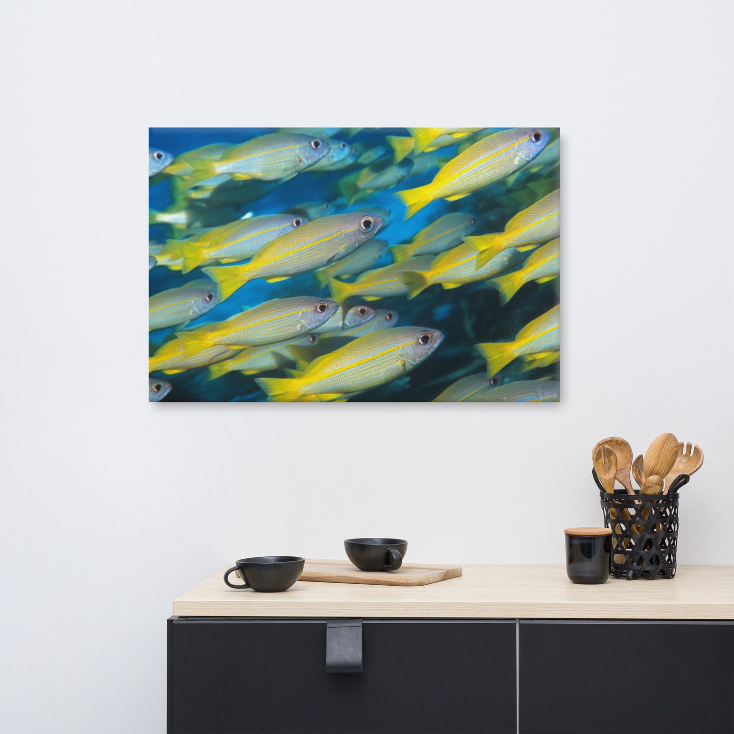 School of Yellow Tropical Fish in Blue Ocean Water Animal Wildlife Photograph Canvas Wall Art Print