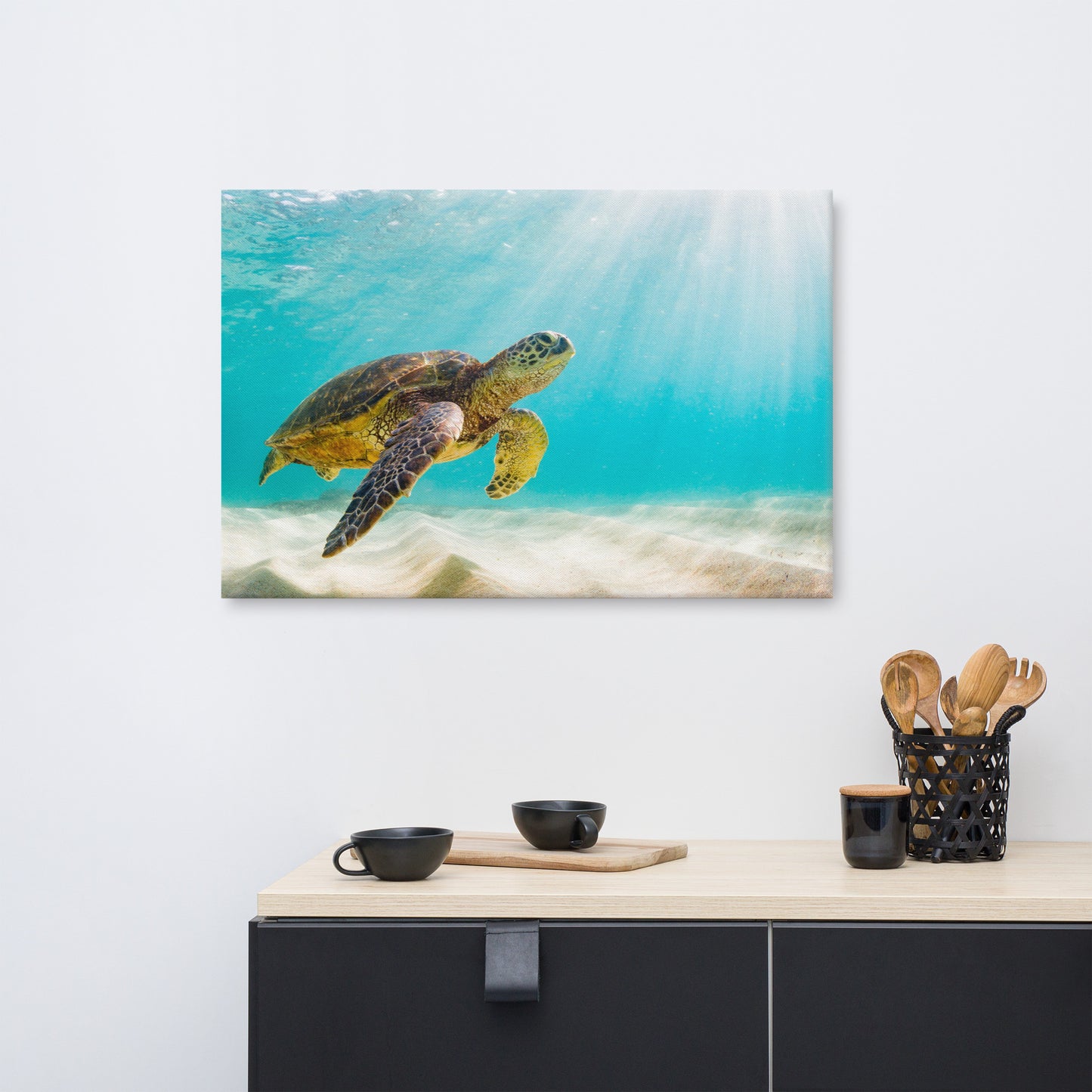 Hawaiian Green Sea Turtle In Turquoise Blue Sea and Sandbars Animal Wildlife Photograph Canvas Wall Art Print