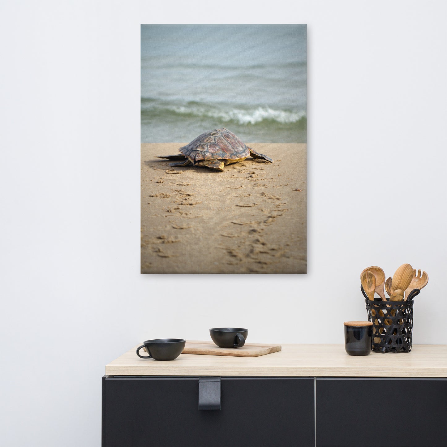 Modern Kitchen Canvas: Baby Loggerhead Sea Turtle Hatchling at the Shore - Coastal / Wildlife / Marine Animal / Nature Photograph Canvas Wall Art Print - Artwork