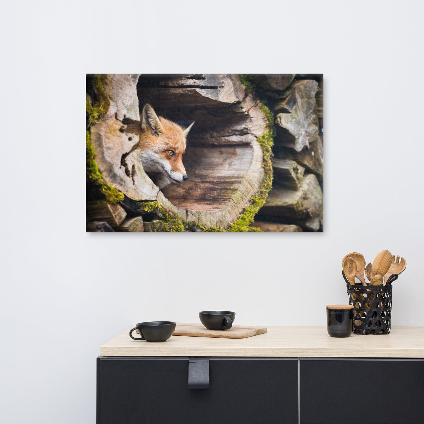Young Red Fox Face In Mossy Stump Animal Wildlife Nature Photograph Canvas Wall Art Prints