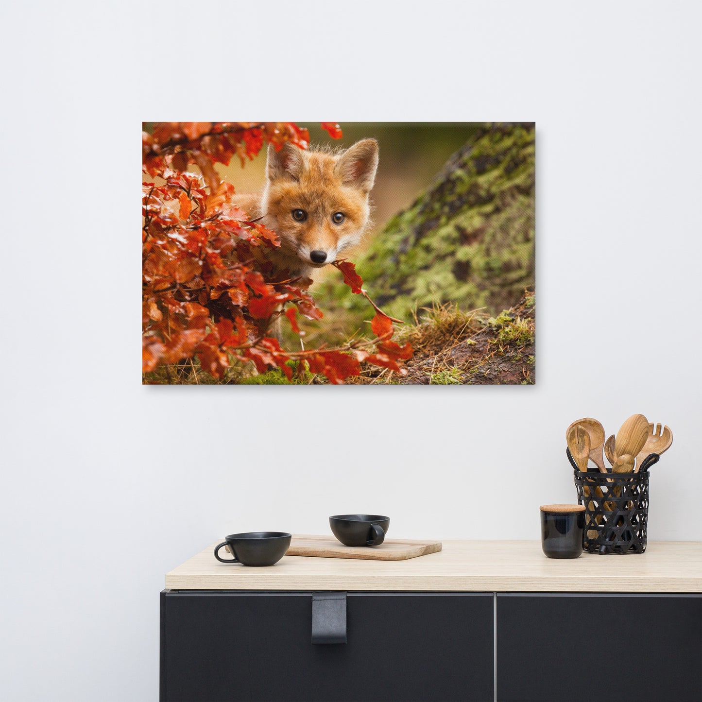 Animal Canvas Nursery: Peek-A-Boo Baby Fox Pup And Fall Leaves - Animal / Wildlife / Nature Photograph Canvas Artwork - Wall Decor