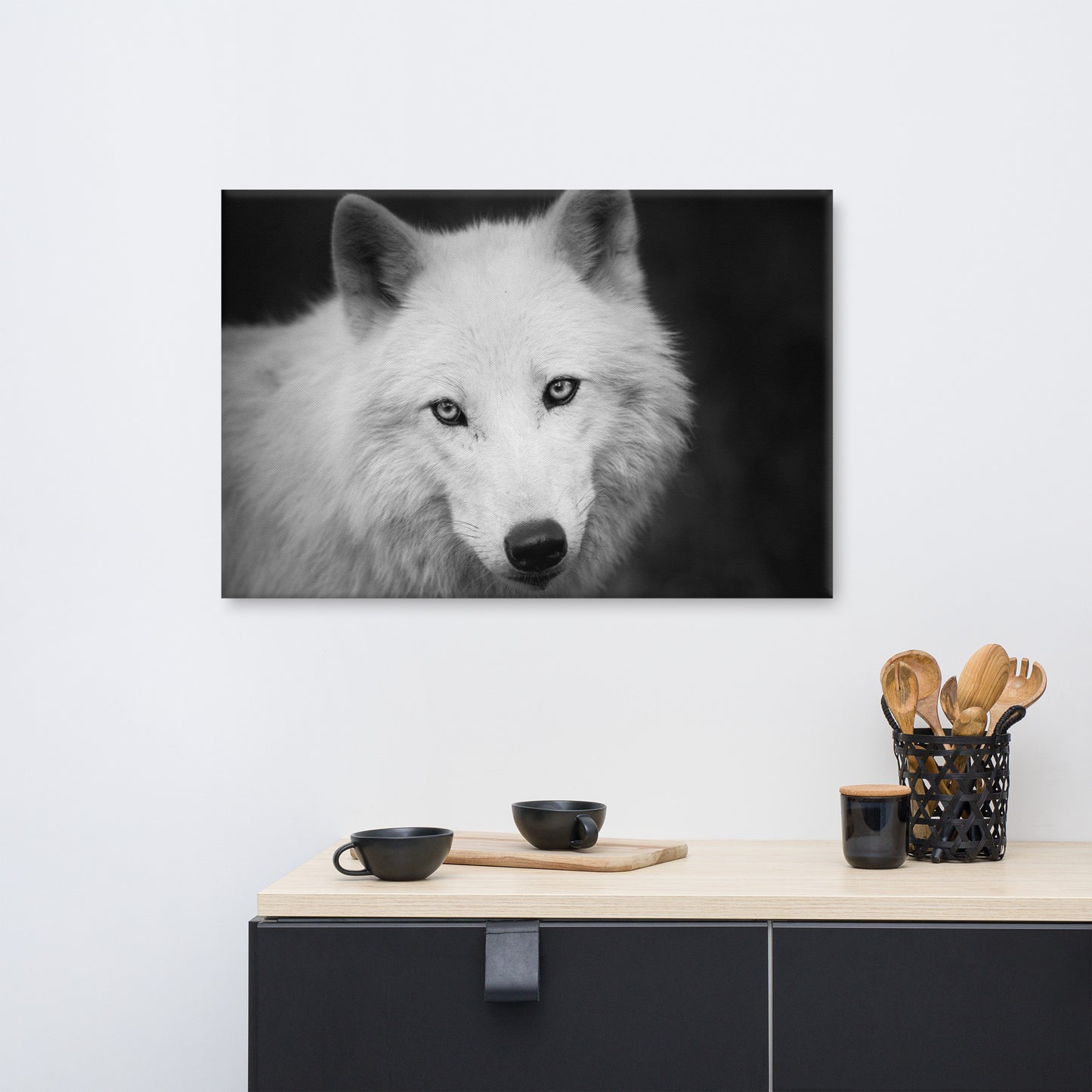 Black and White Portrait of White Wolf In The Forest Animal Wildlife Photograph Canvas Wall Art Prints