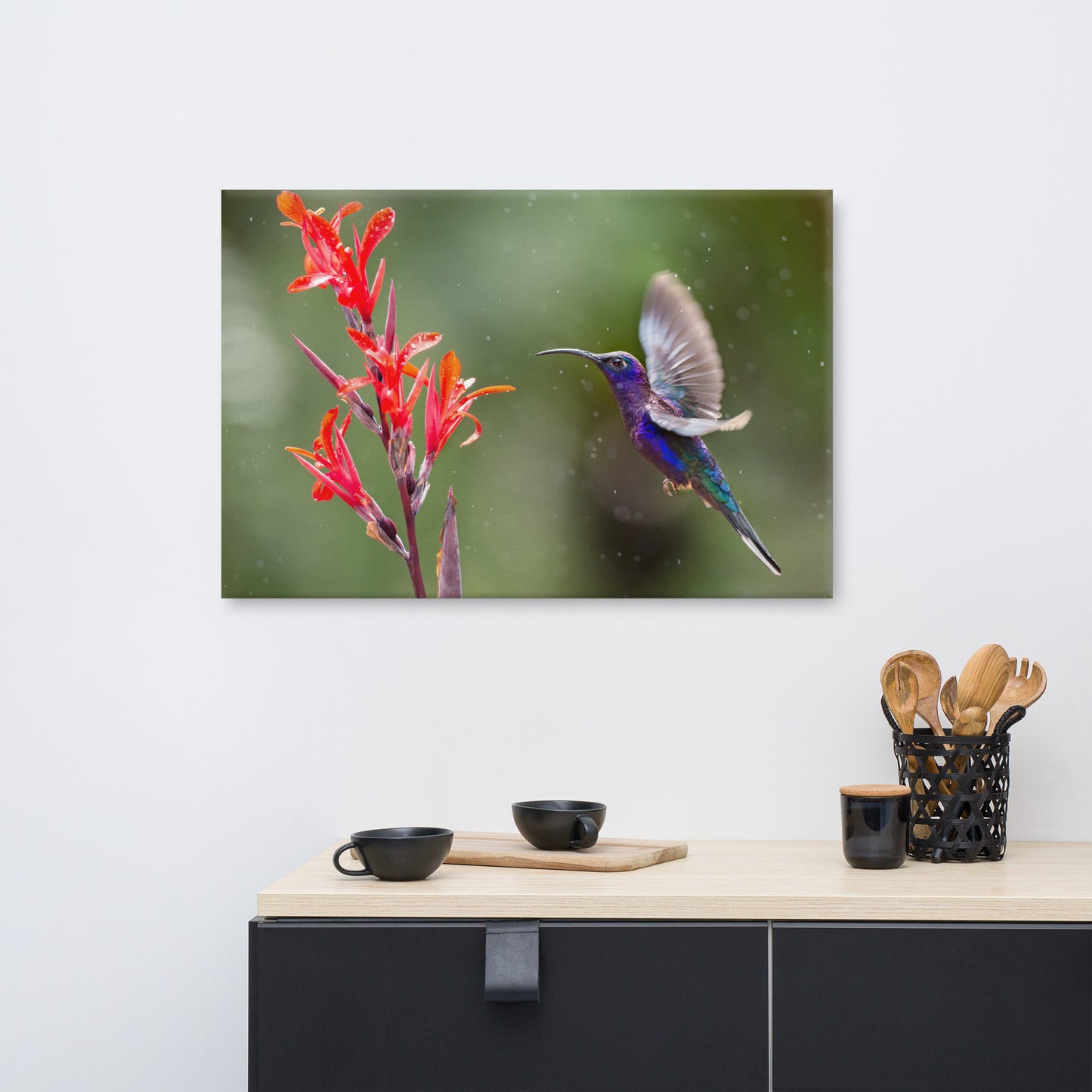Hummingbird with Little Red Flowers Animal Wildlife Photograph Canvas Wall Art Prints