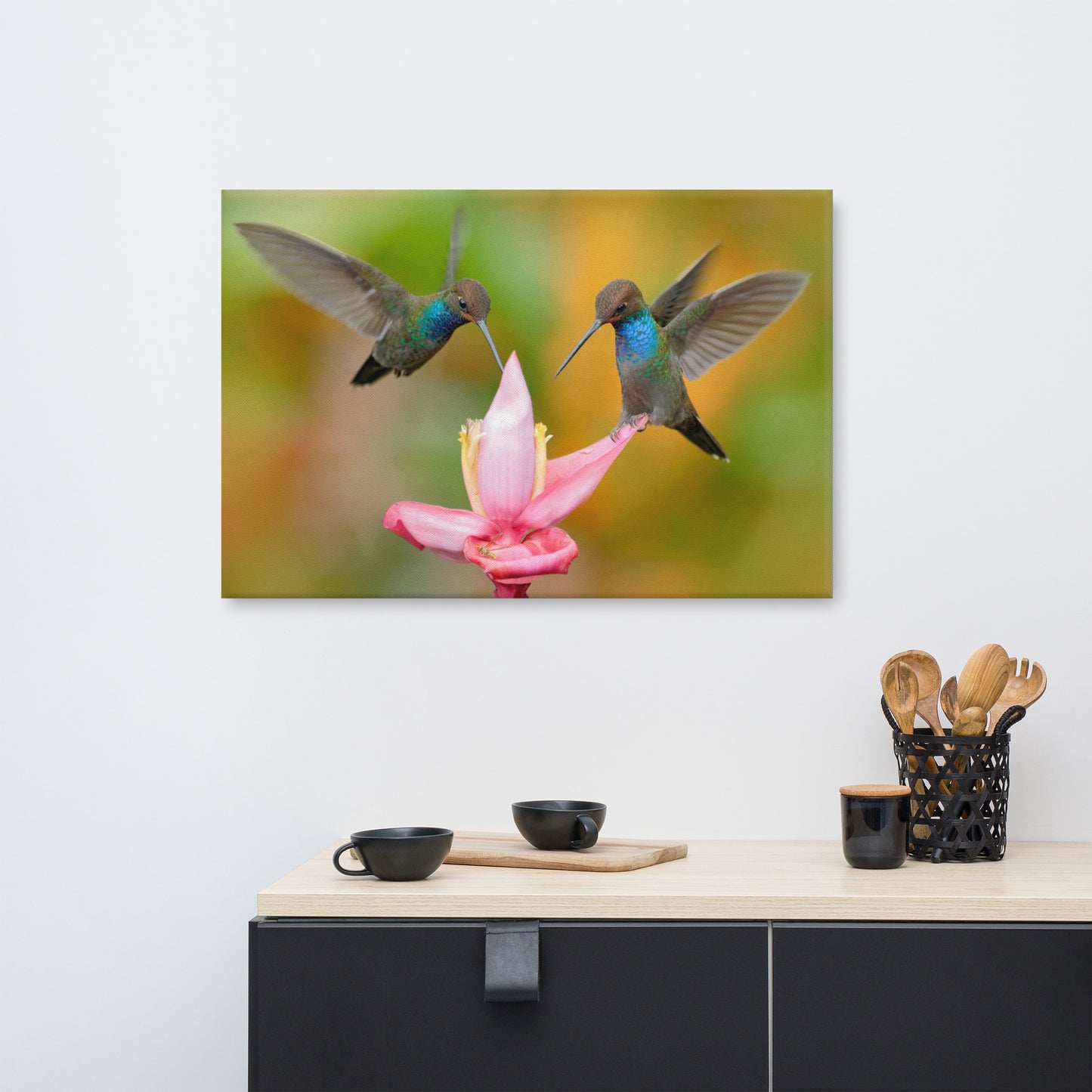 Hummingbirds with Pink Flower Bloom Animal Wildlife Photograph Canvas Wall Art Print