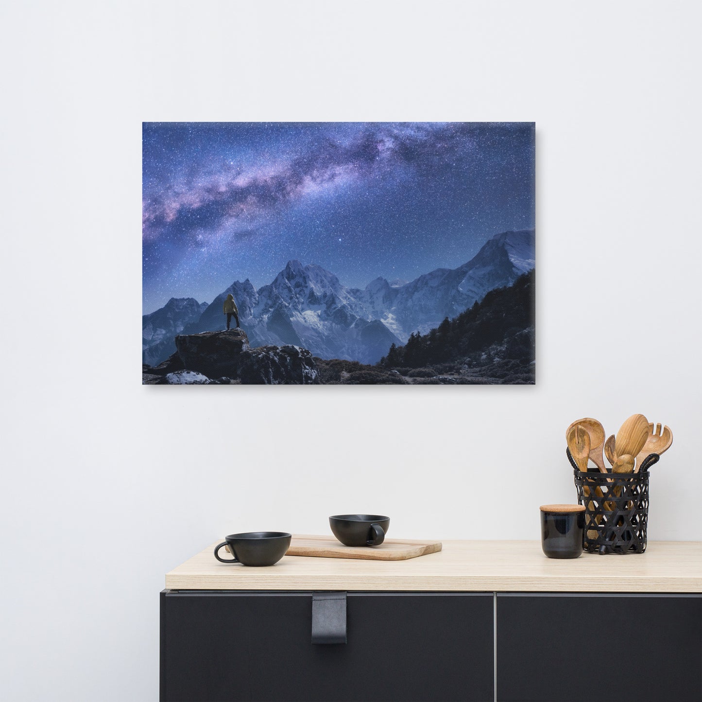 Stone Mountains and Milky Way Night Landscape Photo Canvas Wall Art Print
