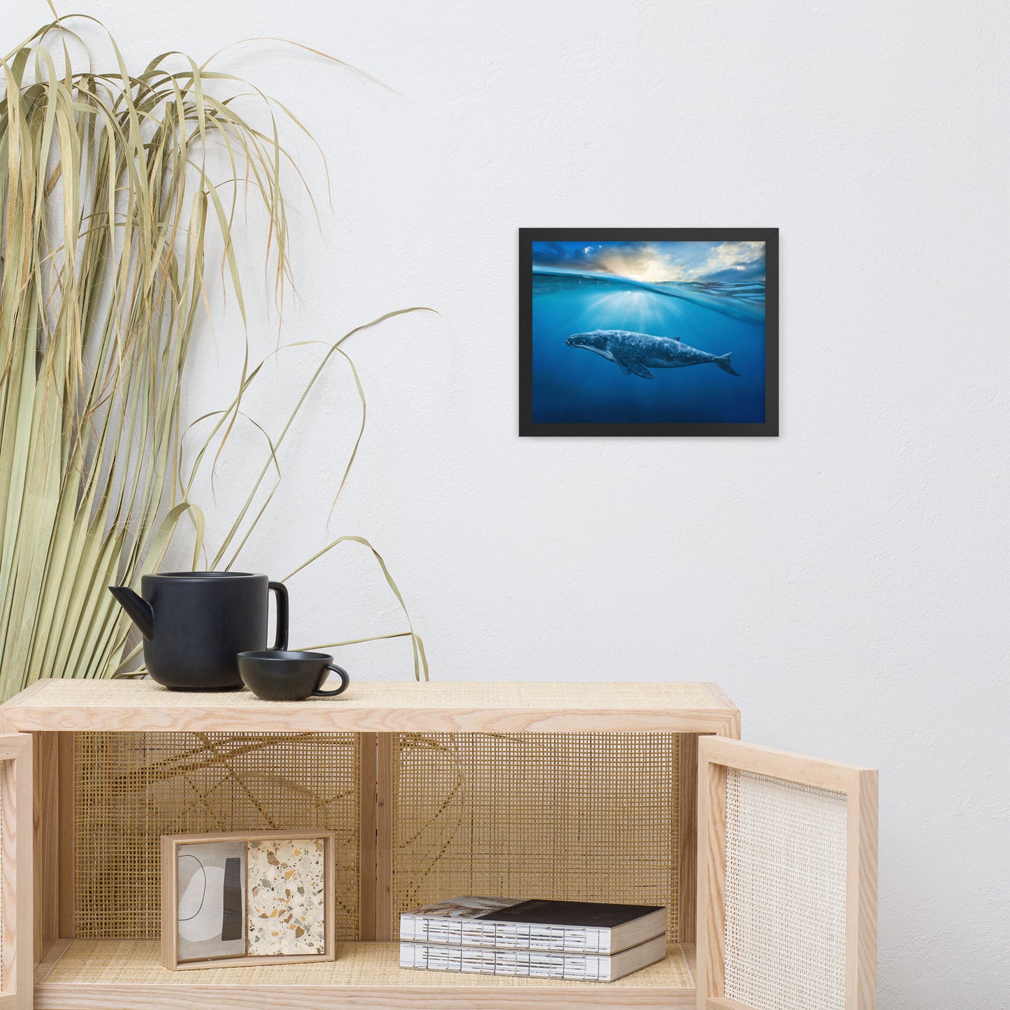 Dreamy Blue Whale Ocean Sunset Glory Rays Animal Wildlife Photograph Framed Wall Art Print