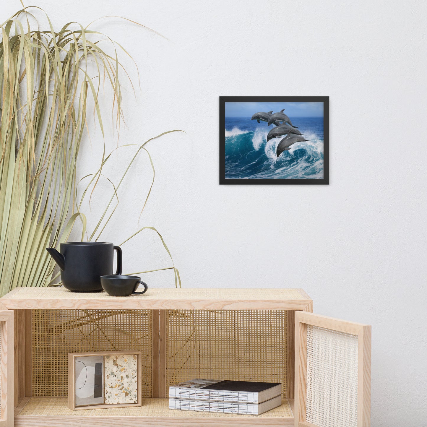 Four Bottle Noise Dolphins Jumping Waves In Tropical Blue Ocean Animal Wildlife Photograph Framed Wall Art Print