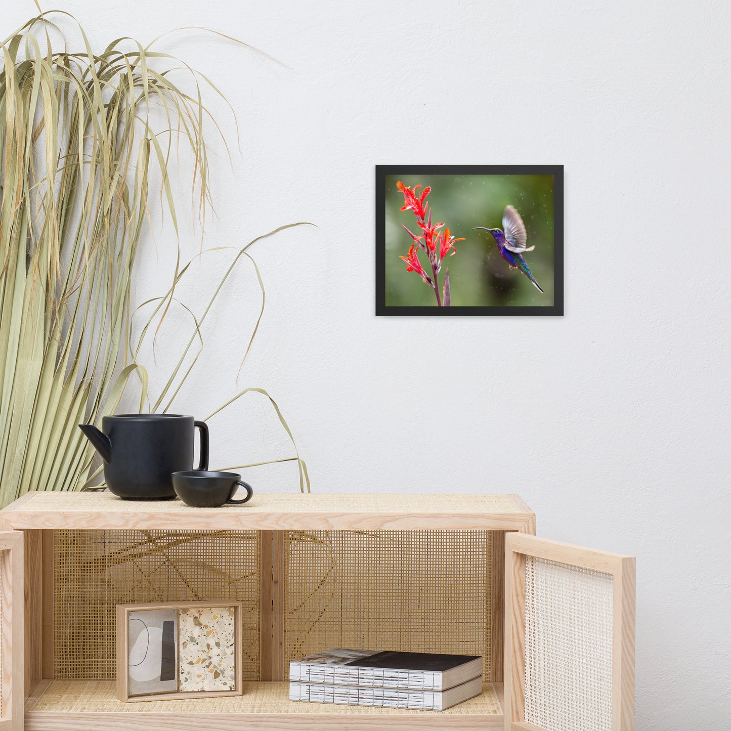 Hummingbird with Little Red Flowers Animal Wildlife Photograph Framed Wall Art Prints