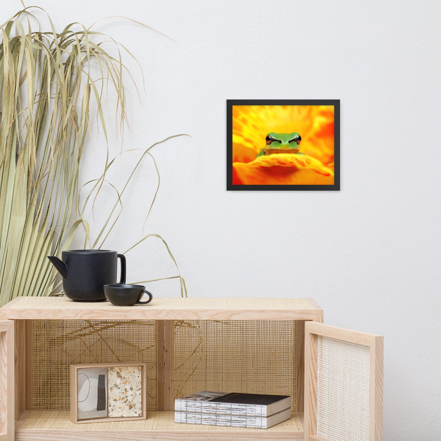 Hyla Green Frog on Yellow and Orange Flower Petals Wildlife Nature Photo Framed Wall Art Print