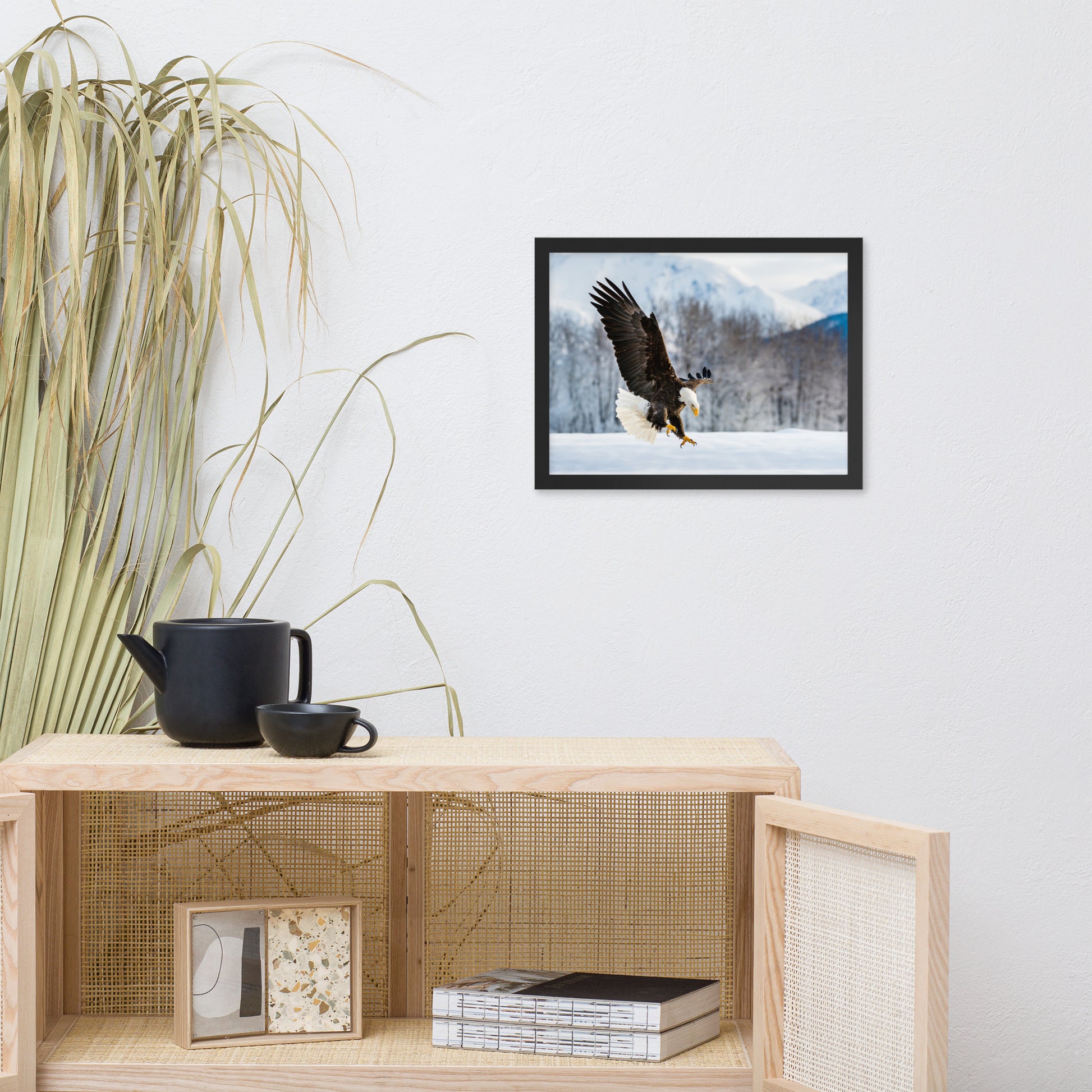 family room wall decor, Adult Bald Eagle and Alaskan Winter Animal Wildlife Photograph Framed Wall Art Print