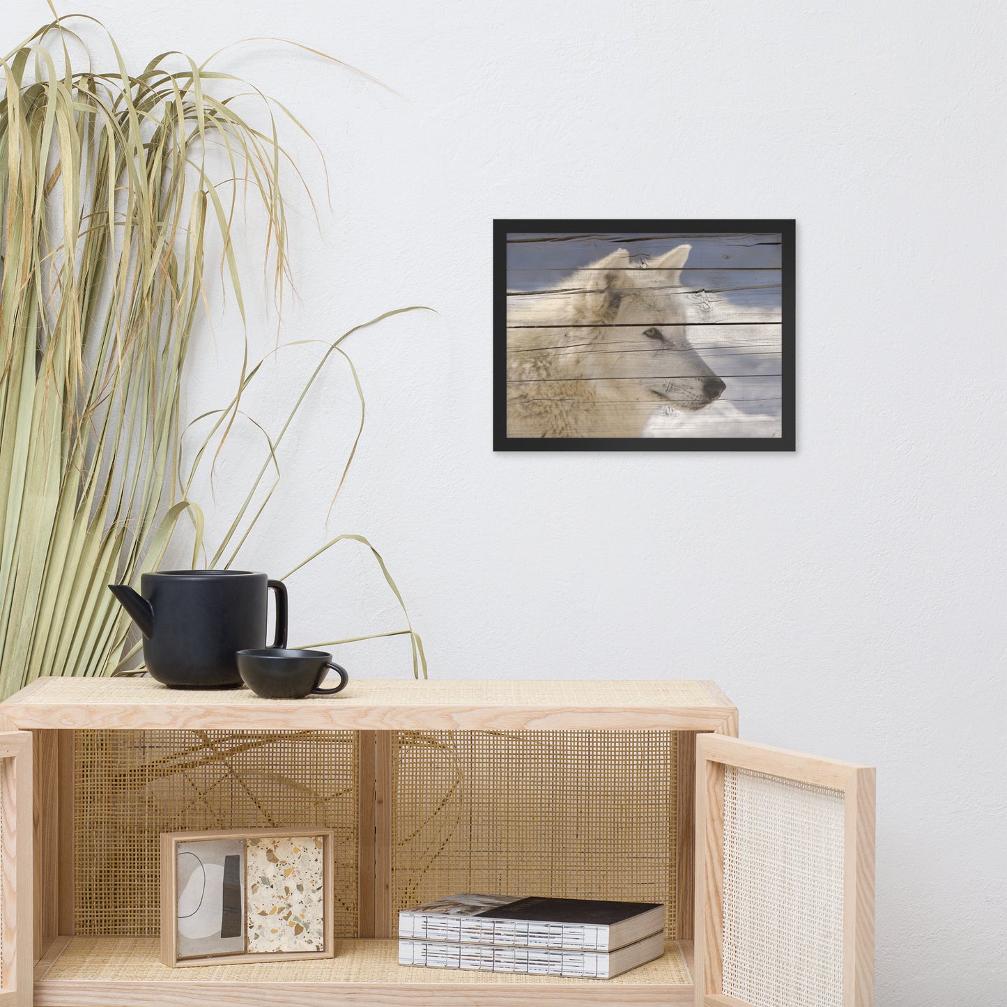 Office Abstract Wall Art: Aries the White Wolf Portrait on Faux Weathered Wood Texture / Animal / Wildlife / Nature Photographic Artwork - Framed Artwork - Wall Decor