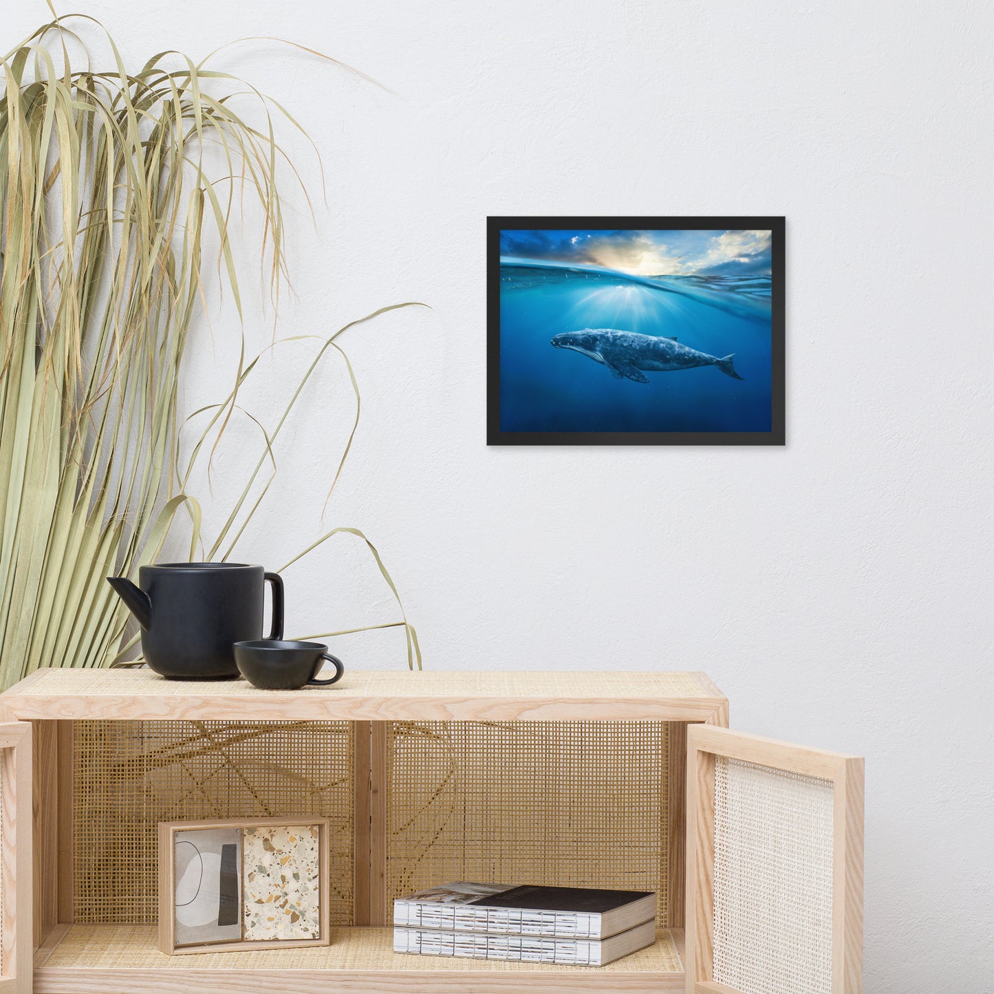 Dreamy Blue Whale Ocean Sunset Glory Rays Animal Wildlife Photograph Framed Wall Art Print