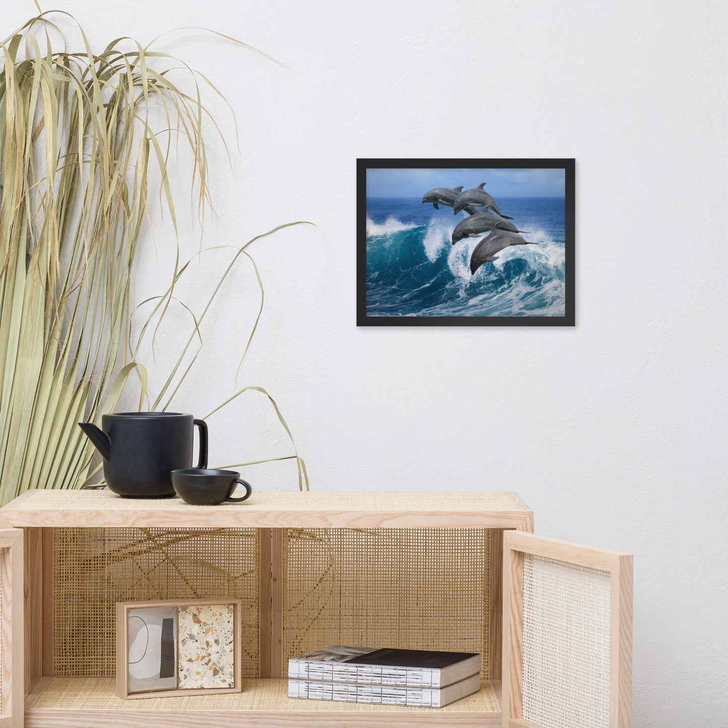 Four Bottle Noise Dolphins Jumping Waves In Tropical Blue Ocean Animal Wildlife Photograph Framed Wall Art Print