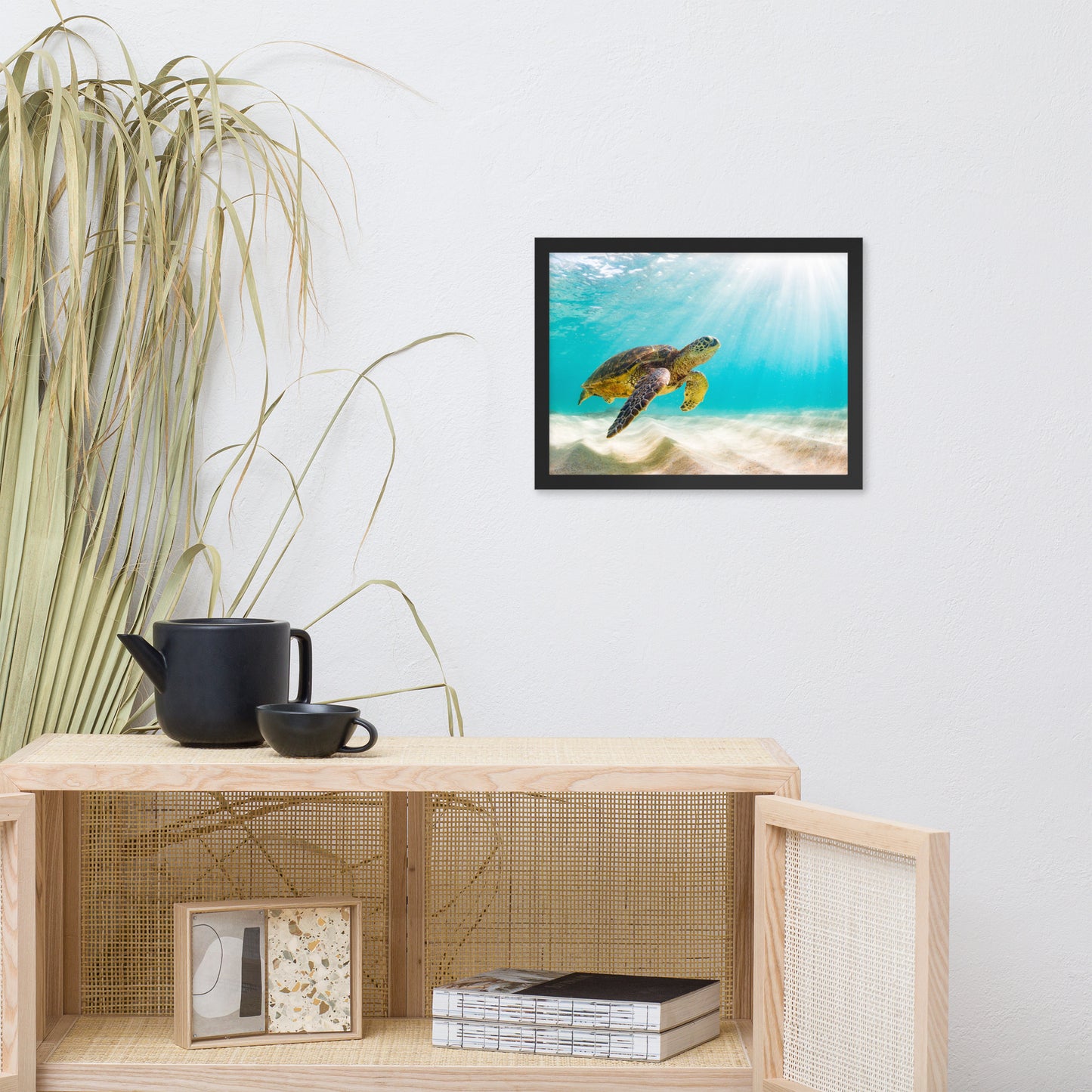 Hawaiian Green Sea Turtle in Turquoise Blue Sea and Sandbars Animal Wildlife Photograph Framed Wall Art Print