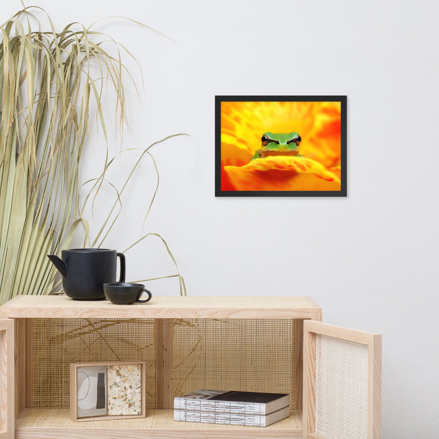 Hyla Green Frog on Yellow and Orange Flower Petals Wildlife Nature Photo Framed Wall Art Print