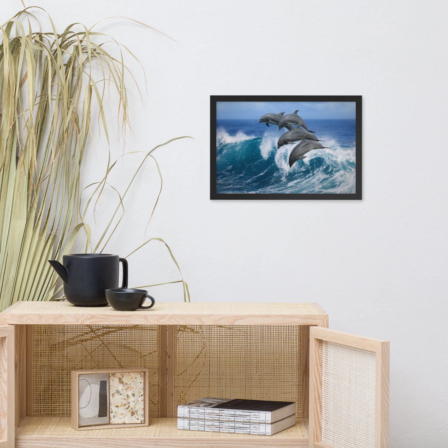 Four Bottle Noise Dolphins Jumping Waves In Tropical Blue Ocean Animal Wildlife Photograph Framed Wall Art Print