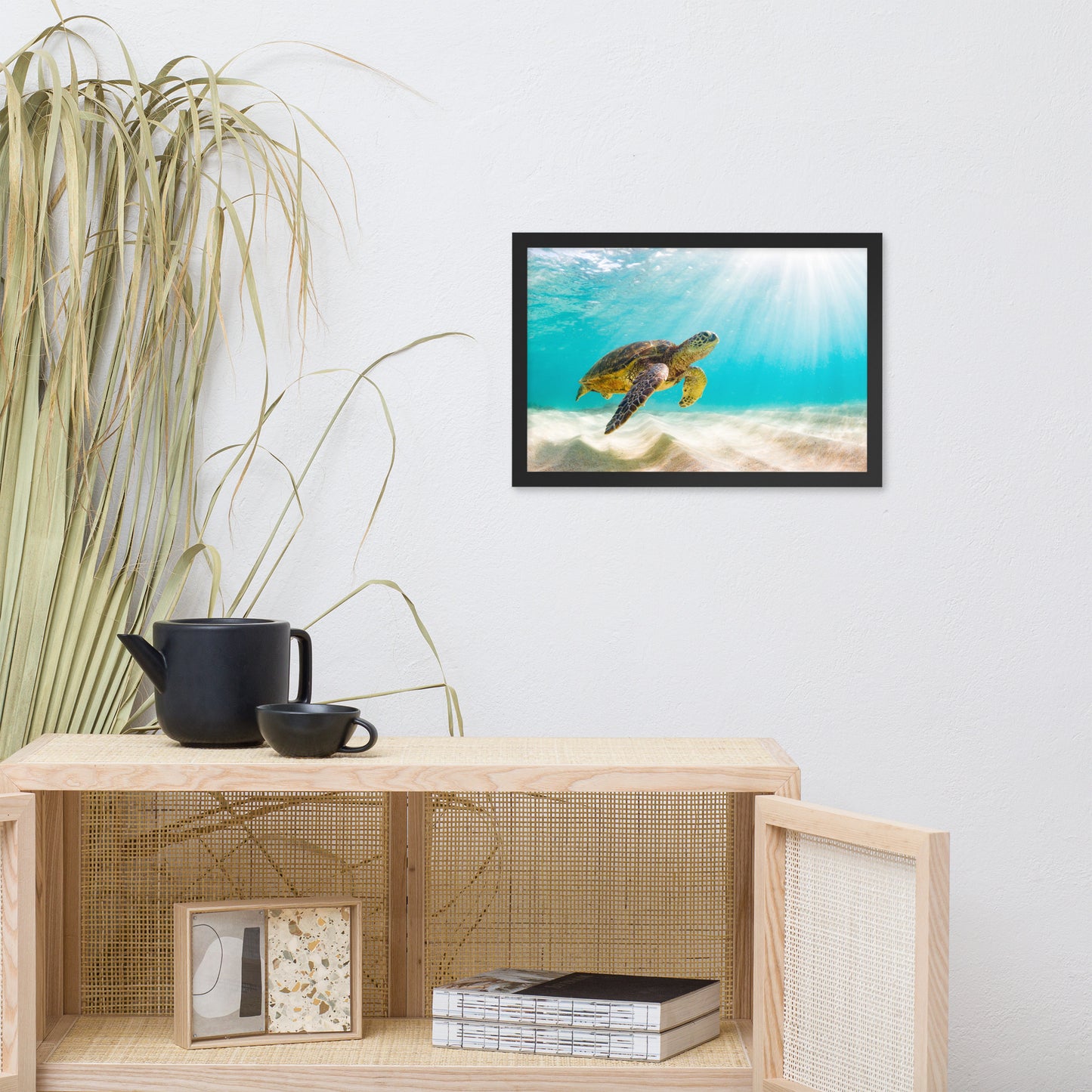 Hawaiian Green Sea Turtle in Turquoise Blue Sea and Sandbars Animal Wildlife Photograph Framed Wall Art Print