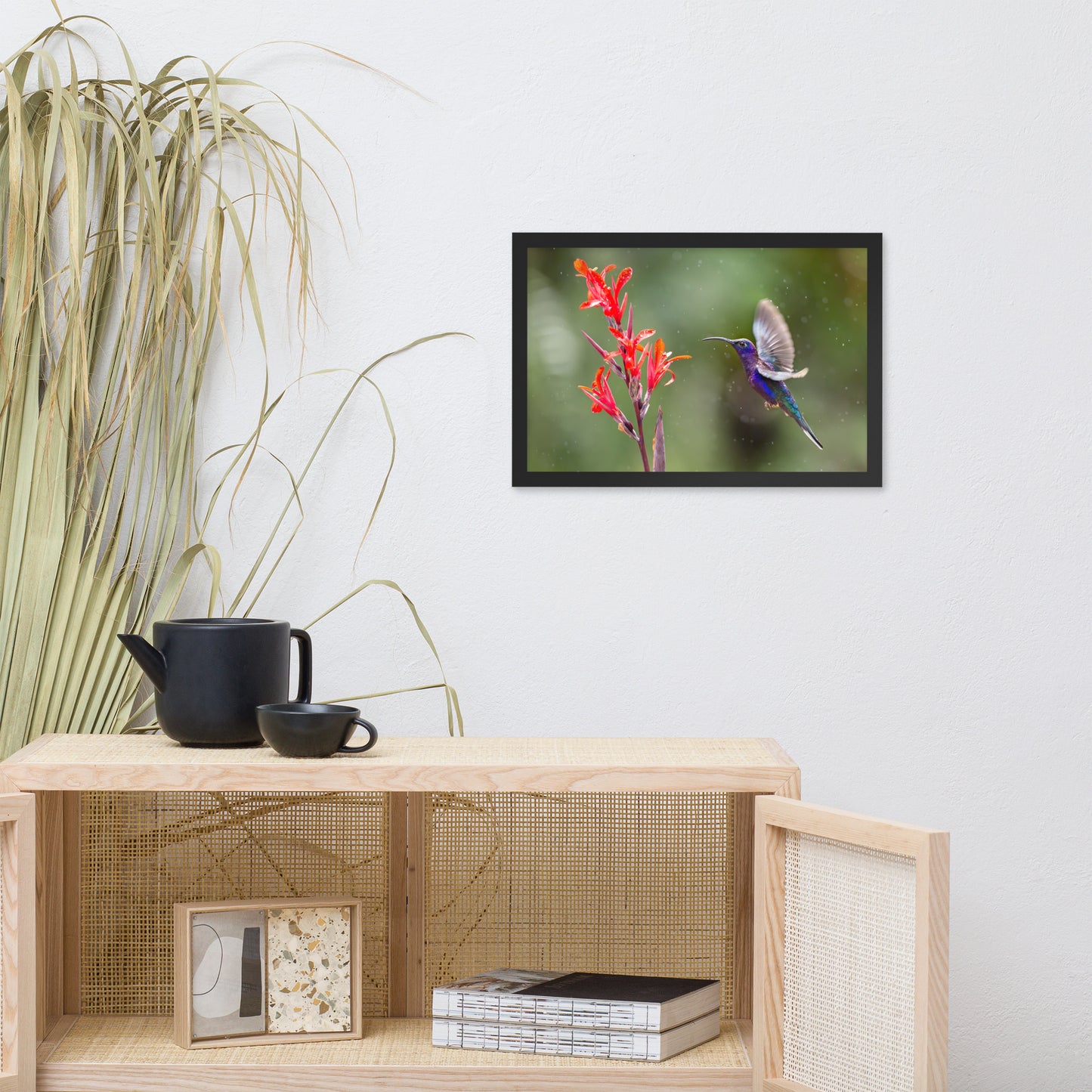 Hummingbird with Little Red Flowers Animal Wildlife Photograph Framed Wall Art Prints