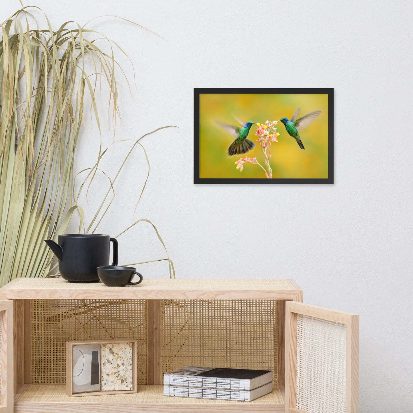 Hummingbirds with Little Pink Flowers Animal Wildlife Photo Framed Wall Art Prints