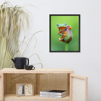 Tiny Green Tree Frog on Lotus Bloom Animal Wildlife Floral Nature Photograph Framed Wall Art Prints